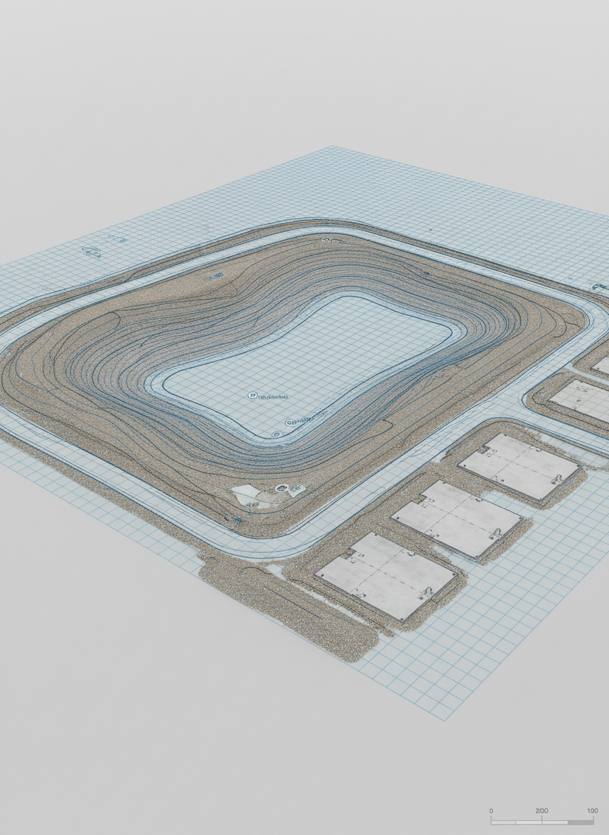 A precise 3D digital terrain model visualization of a construction site, rendered in photographic style, with a grid overlay and subtle contour lines draped across graded earth, retention ponds, and access roads. The view is taken from an elevated oblique angle, showing both height variations and planimetric detail. Soft, even overcast lighting minimizes harsh contrast, letting the subtle earth tones, gravel textures, and newly poured concrete pads remain clearly defined. The mood is technical, analytical, and highly professional, suggesting engineering-grade deliverables. The composition uses asymmetrical balance, with the main elevation changes drawing the eye, evoking a modern, data-focused client report illustration.