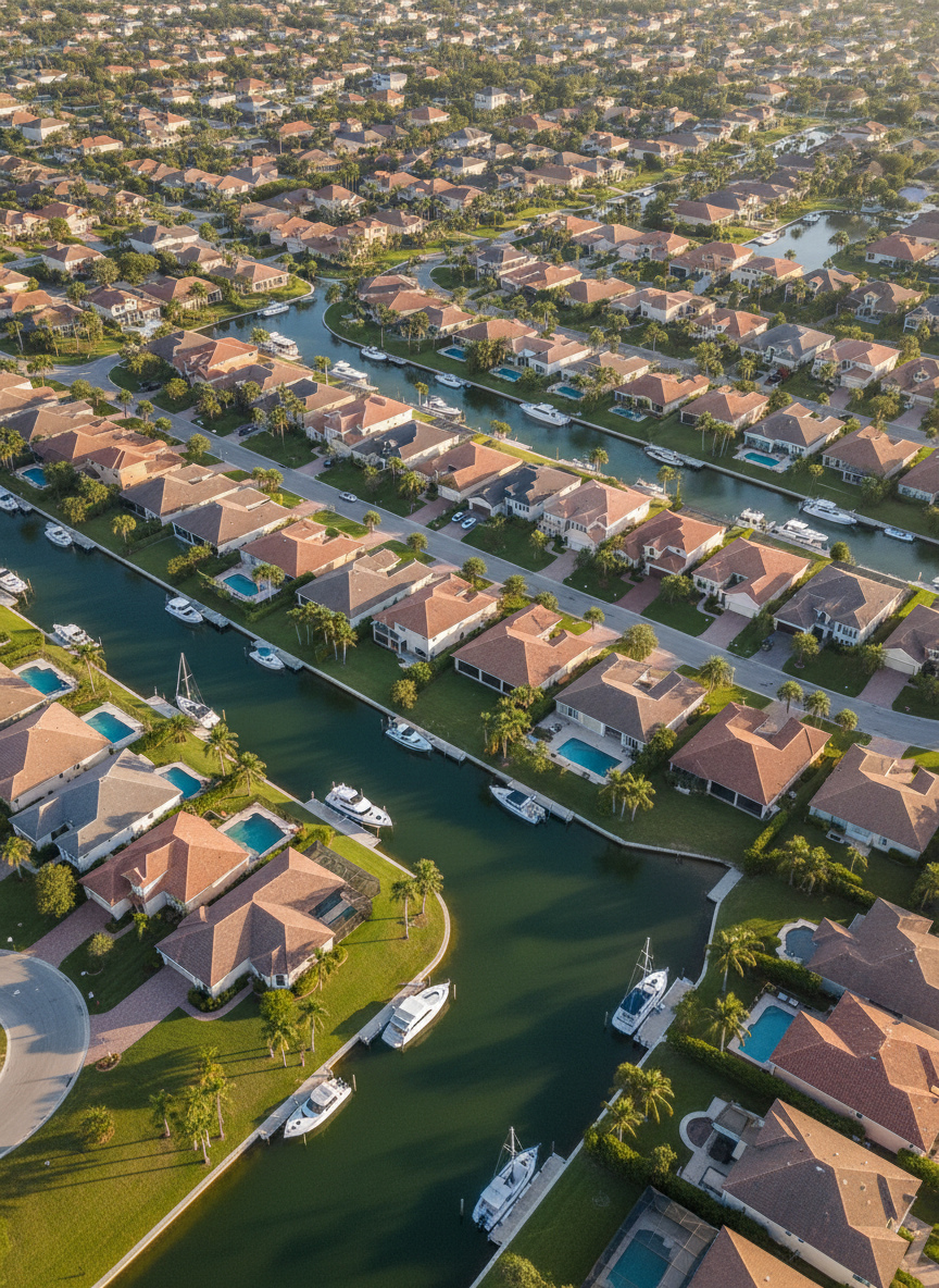 An expansive aerial view of a coastal Florida neighborhood captured from a medium-altitude drone, showing detailed rooftops, manicured lawns, and a winding canal with boats neatly docked along seawalls. The scene is bathed in soft late-afternoon sunlight, creating crisp, realistic shadows that define every structure and tree. The water reflects a muted blue-green, with subtle ripples visible in photographic realism. Composed in a balanced, slightly angled bird’s-eye perspective, the image emphasizes clarity and precision across the entire frame, evoking a professional, survey-grade mapping feel while maintaining a clean and modern aesthetic suited for a client portal dashboard background.