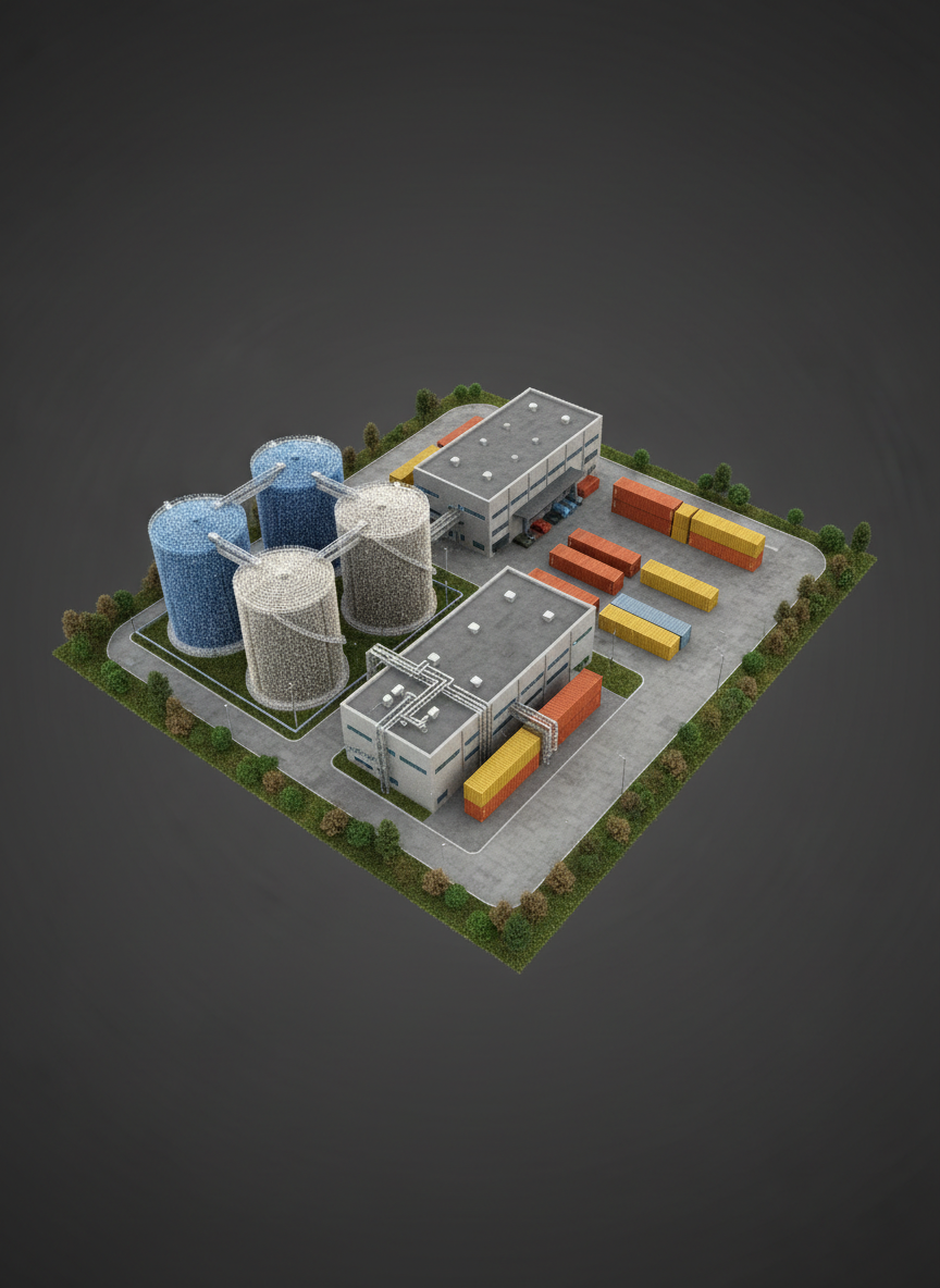 A highly realistic point cloud visualization derived from drone surveying, depicting an industrial facility with storage tanks, loading areas, and rectangular buildings, all constructed from dense, colorized points. The scene is shown from a gently rotating, elevated perspective frozen mid-frame, highlighting depth and volume. Subtle studio-style lighting enhances color contrast between concrete, metal surfaces, and surrounding vegetation, while a dark, neutral background keeps focus on the data. The mood is technical and data-driven, suitable for a 3D modeling deliverable preview within a client portal. The composition centers the facility, with crisp definition and slight vignette around the edges to reinforce a clean, modern, professional aesthetic.