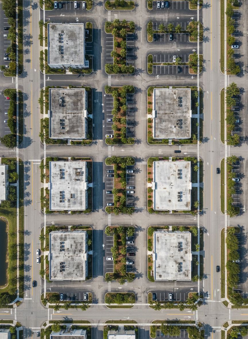 A high-resolution top-down orthomosaic-style aerial image of a mixed-use commercial area in Florida, featuring clearly distinguishable parking lots, building outlines, landscaped islands, and roadway markings. The perfectly vertical perspective creates a flat, map-like view with sharp focus from edge to edge. Bright but diffused mid-morning sunlight eliminates harsh shadows, allowing every painted line, curb edge, and roof texture to be visible in photographic detail. The composition feels technical and highly organized, with subtle color contrast between asphalt, concrete, and greenery, conveying accuracy, reliability, and a professional surveying atmosphere ideal for a mapping client portal hero image.
