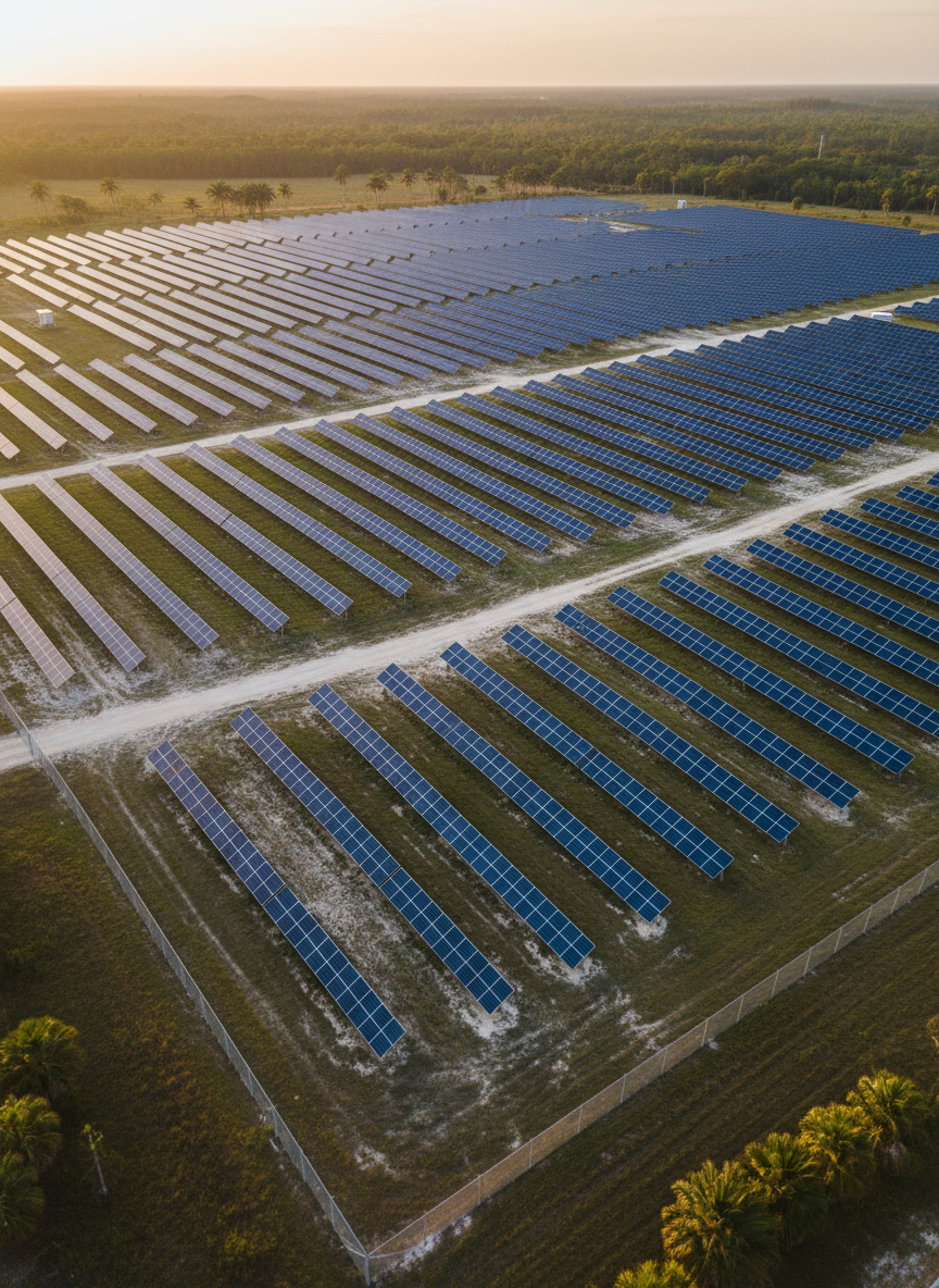 A detailed aerial oblique photograph of a large solar farm in rural Florida, with long rows of dark blue photovoltaic panels aligned in precise geometry across gently rolling terrain. The drone viewpoint is slightly above and offset, showcasing both the repeating patterns of the panels and the surrounding service roads and boundary fencing. Warm golden-hour sunlight skims across the scene, creating clean, elongated shadows between panel rows that emphasize depth and structure in photographic realism. The atmosphere is crisp, orderly, and technologically advanced, reflecting sustainability and precision surveying. The composition follows the rule of thirds, with the panel grid leading diagonally through the frame for a dynamic but professional feel.