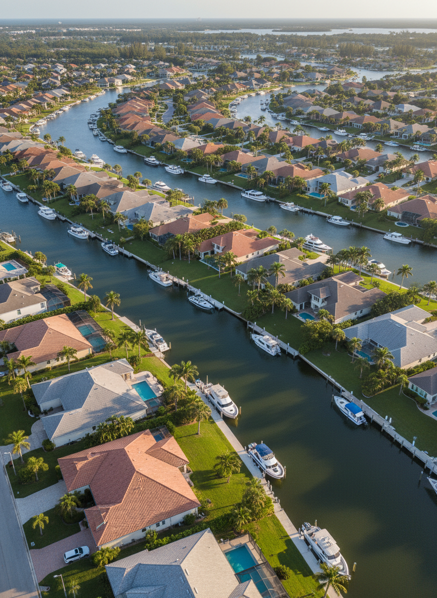 An expansive aerial view of a coastal Florida neighborhood captured from a medium-altitude drone, showing detailed rooftops, manicured lawns, and a winding canal with boats neatly docked along seawalls. The scene is bathed in soft late-afternoon sunlight, creating crisp, realistic shadows that define every structure and tree. The water reflects a muted blue-green, with subtle ripples visible in photographic realism. Composed in a balanced, slightly angled bird’s-eye perspective, the image emphasizes clarity and precision across the entire frame, evoking a professional, survey-grade mapping feel while maintaining a clean and modern aesthetic suited for a client portal dashboard background.